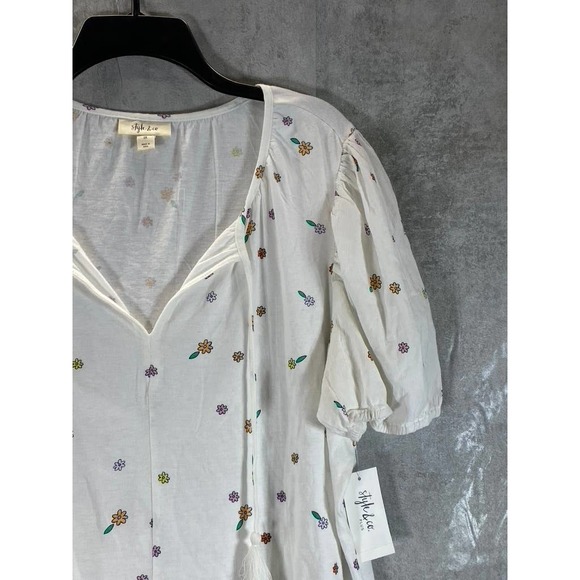 Style & Co Women's Plus Size White Garden Printed Puff-Sleeve Tie-Neck Top SZ 2X - Picture 3 of 10